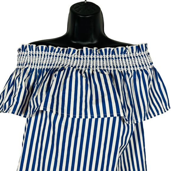 Stradivarius Striped Off Shoulder Blouse Top Sailor Nautical Casual Ruffle - S - Picture 1 of 6